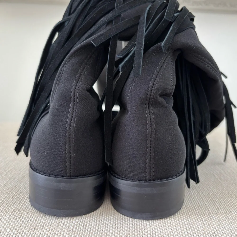 Stuart Weitzman Mane 5050 OTK Black Leather Boots NWOT Western Inspired Fringe 7